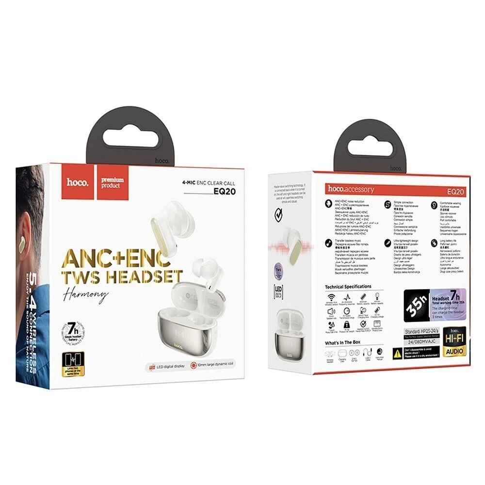Handsfree Bluetooth HOCO EQ20, TWS, ANC, MultiPoint, Biela
