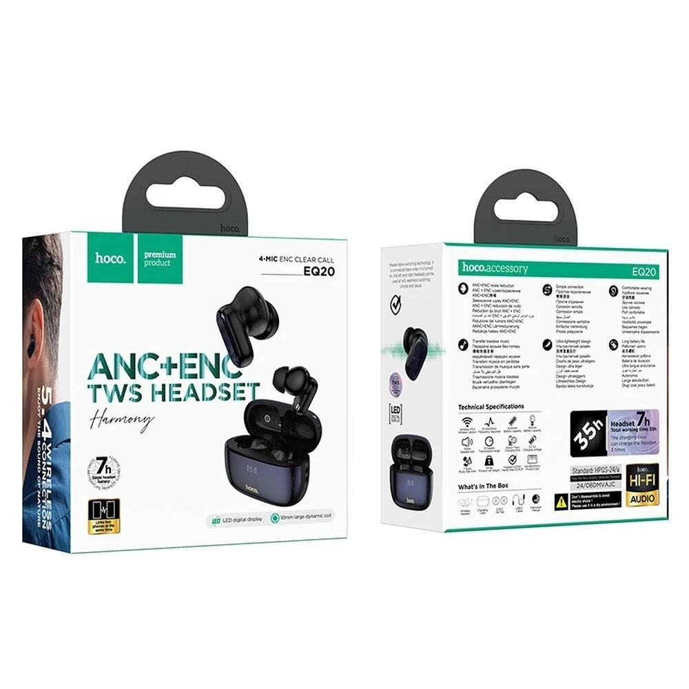 Handsfree Bluetooth HOCO EQ20, TWS, ANC, MultiPoint, Čierna