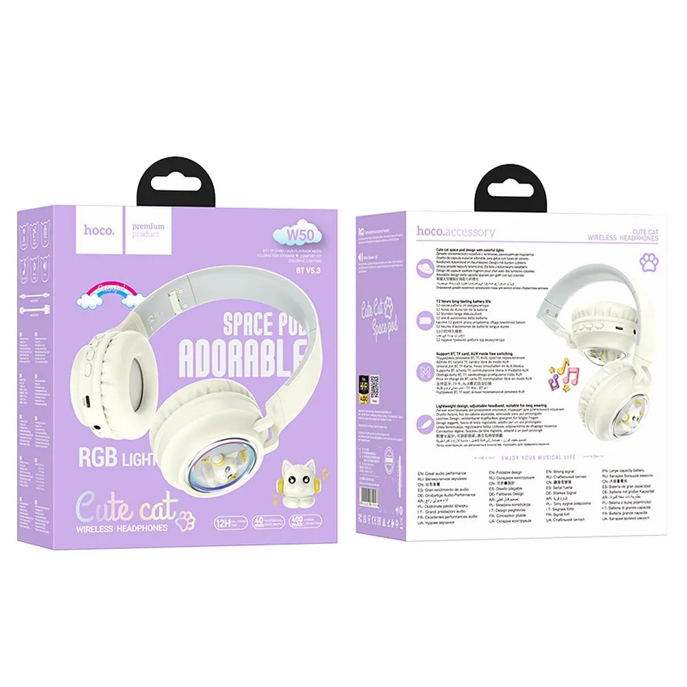 Handsfree Bluetooth HOCO W50 Kids Cute Cat, A2DP, Biela