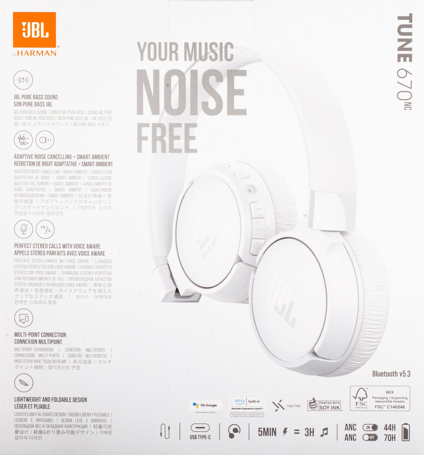 Handsfree Bluetooth JBL Tune 670NC, MultiPoint, A2DP, ANC, Biely JBLT670NCWHTAP
