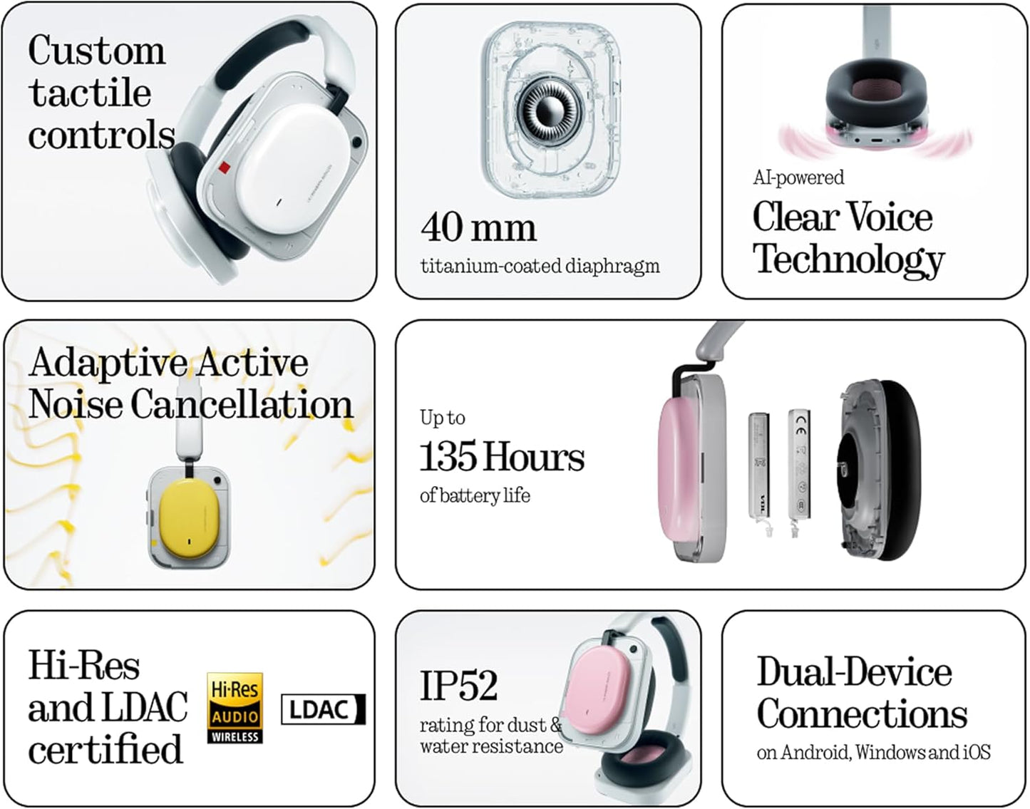 Handsfree Bluetooth Nothing Headphone (a), MultiPoint, A2DP, ANC, Čierna