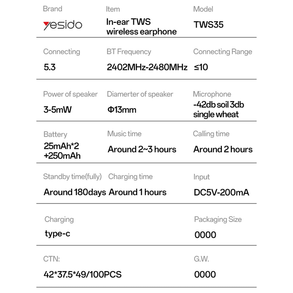 Handsfree Bluetooth Yesido TWS35, TWS, Biely