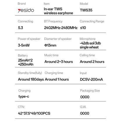 Handsfree Bluetooth Yesido TWS35, TWS, Biely