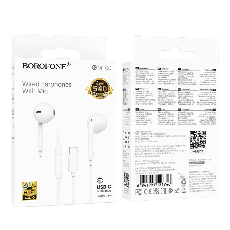 Handsfree USB-C Borofone BM100 Fuente, Biela