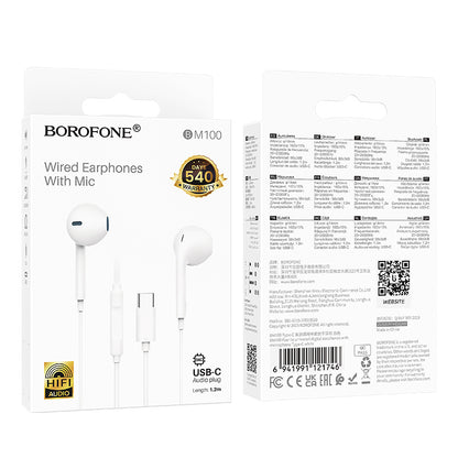 Handsfree USB-C Borofone BM100 Fuente, Biela