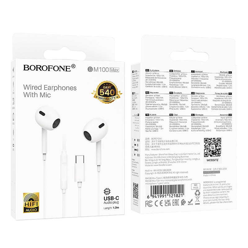 Handsfree USB-C Borofone BM100 Max Fuente, Biela