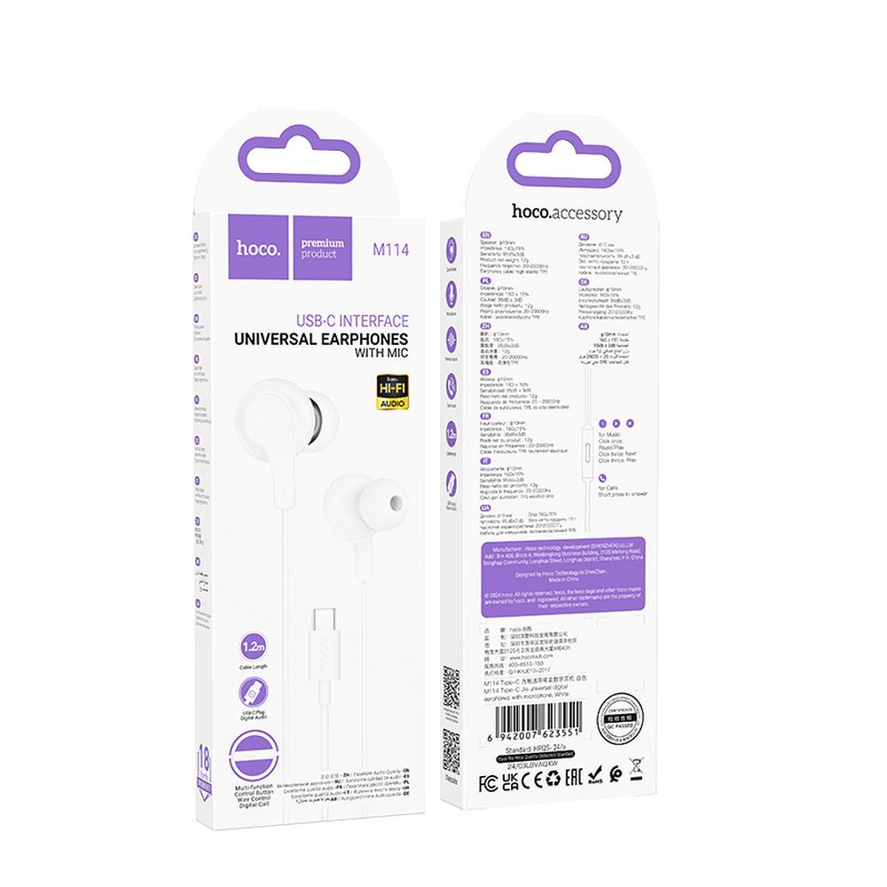 Handsfree USB-C HOCO M114, Biela