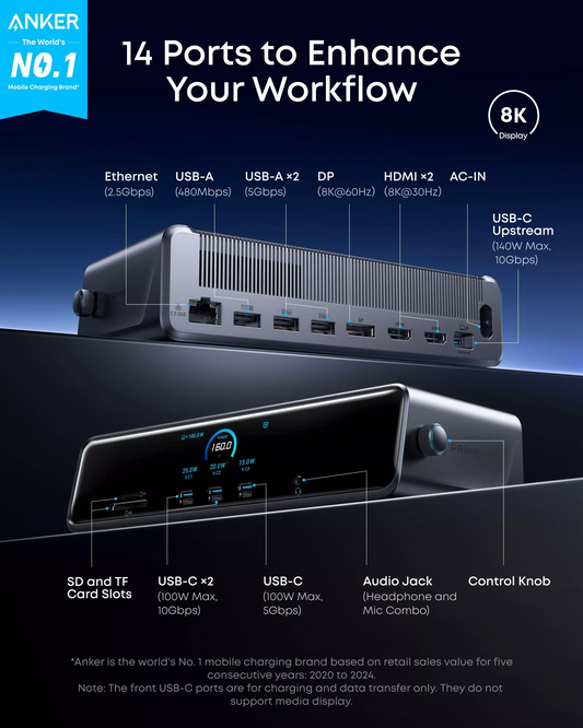 Multifunkčný hub Anker Prime, 3 x USB-A - 4 x USB-C - 1 x Display Port - 2 x HDMI - 1 x Jack 3,5 mm - 1 x RJ45 - 1 x SD - 1 x microSD, Sivý A83B33A1