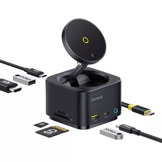 Multifunkčný hub Baseus MagPro II 7v1, 1 x USB-A - 2 x USB-C - 1 x HDMI - 1 x QI - 1 x SD - 1 x microSD, čierny, znovu zabalený B00072900121-00