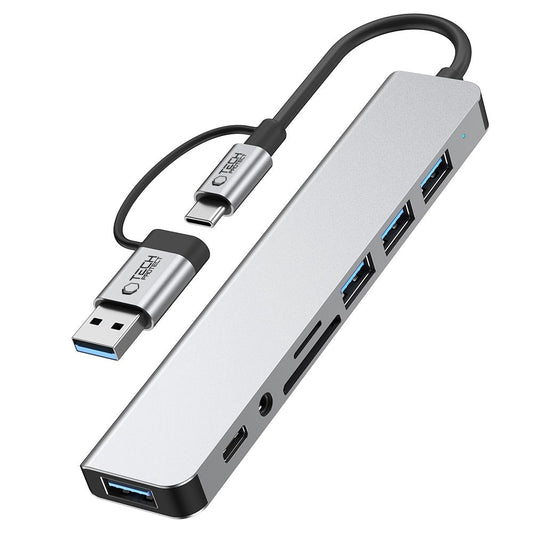 Hub USB / USB-C Tech-Protect HB06, 2 x USB-A 3.0 - 2 x USB-A - 1 x USB-C - 1 x Jack 3.5mm - 1 x SD - 1 x microSD, Sivý