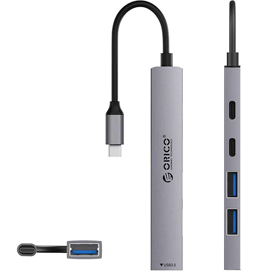 Hub USB-C Orico YSB4-U2, 1 x USB-A 3.0 - 2 x USB-A - 2 x USB-C, Sivý
