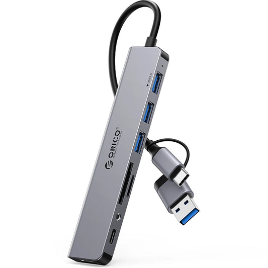 Hub USB / USB-C Orico YSA8-U3, 1 x USB-A 3.0 - 3 x USB-A - 1 x USB-C - 1 x Jack 3.5mm - 1 x SD - 1 x microSD, čierna
