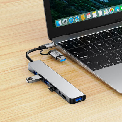 Hub USB / USB-C Tech-Protect HB06, 2 x USB-A 3.0 - 2 x USB-A - 1 x USB-C - 1 x Jack 3.5mm - 1 x SD - 1 x microSD, Sivý