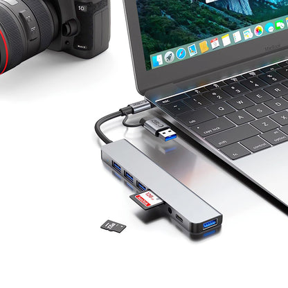 Hub USB / USB-C Tech-Protect HB06, 2 x USB-A 3.0 - 2 x USB-A - 1 x USB-C - 1 x Jack 3.5mm - 1 x SD - 1 x microSD, Sivý