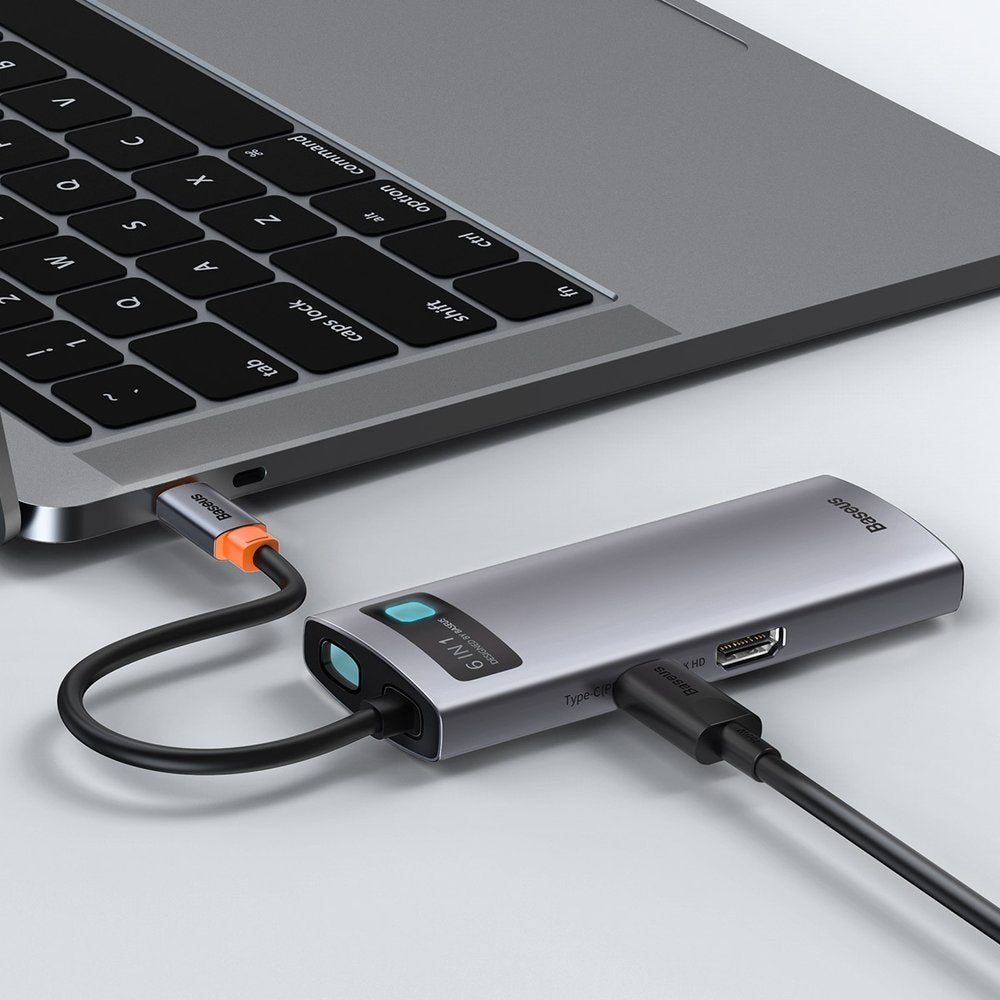 USB-C Hub Baseus Metal Gleam, 3 x USB-A 3.0 - 1 x USB-C - 1 x HDMI - 1 x RJ45, Sivý CAHUB-CW0G
