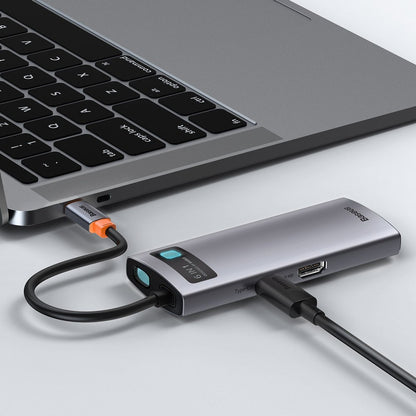 USB-C Hub Baseus Metal Gleam, 3 x USB-A 3.0 - 1 x USB-C - 1 x HDMI - 1 x RJ45, Sivý CAHUB-CW0G