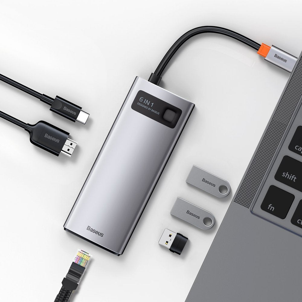 USB-C Hub Baseus Metal Gleam, 3 x USB-A 3.0 - 1 x USB-C - 1 x HDMI - 1 x RJ45, Sivý CAHUB-CW0G