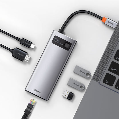 USB-C Hub Baseus Metal Gleam, 3 x USB-A 3.0 - 1 x USB-C - 1 x HDMI - 1 x RJ45, Sivý CAHUB-CW0G