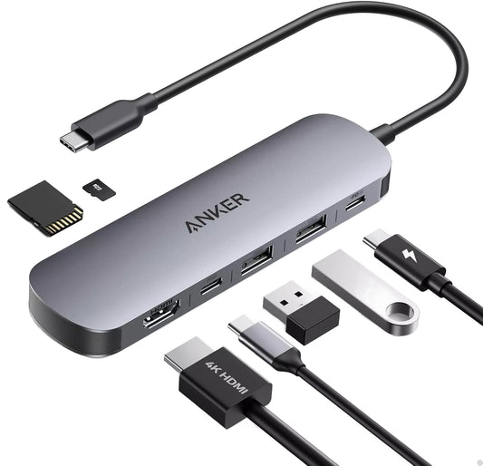 Hub USB-C Anker, 2 x USB-A 3.0 - 2 x USB-C - 1 x HDMI - 1 x SD - 1 x microSD, Sivý A83D2HA1