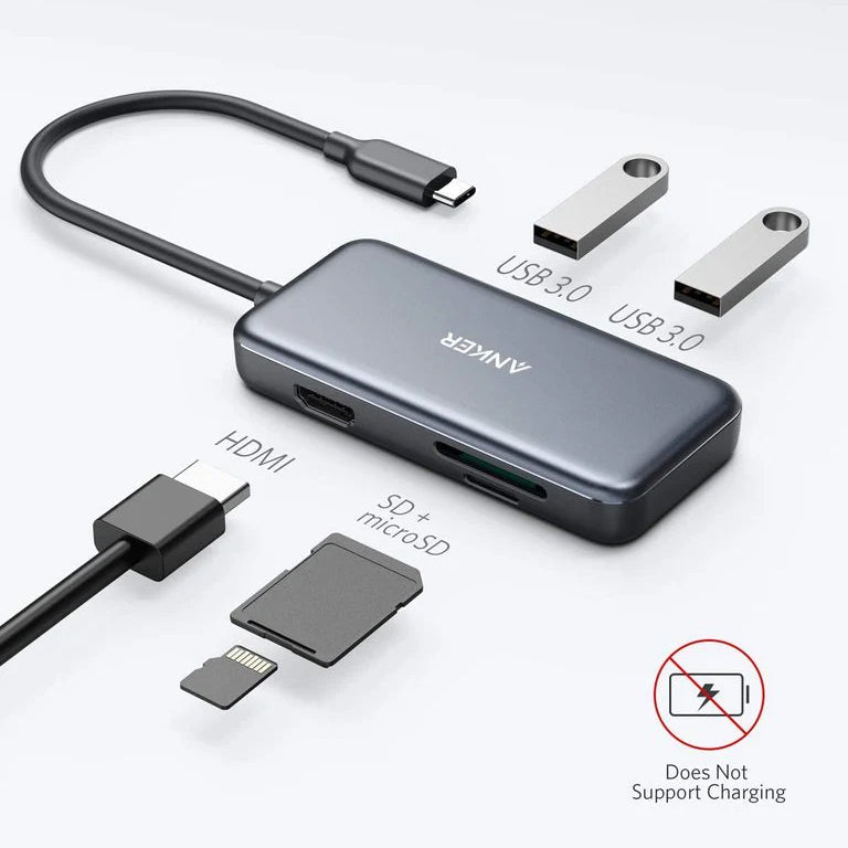 Hub USB-C Anker, 2 x USB-A 3.0 - 1 x HDMI - 1 x SD - 1 x microSD, Čierny A8334HA1