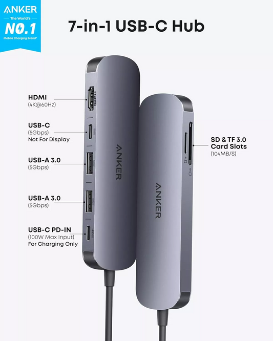 Hub USB-C Anker, 2 x USB-A 3.0 - 2 x USB-C - 1 x HDMI - 1 x SD - 1 x microSD, Sivý A83D2HA1