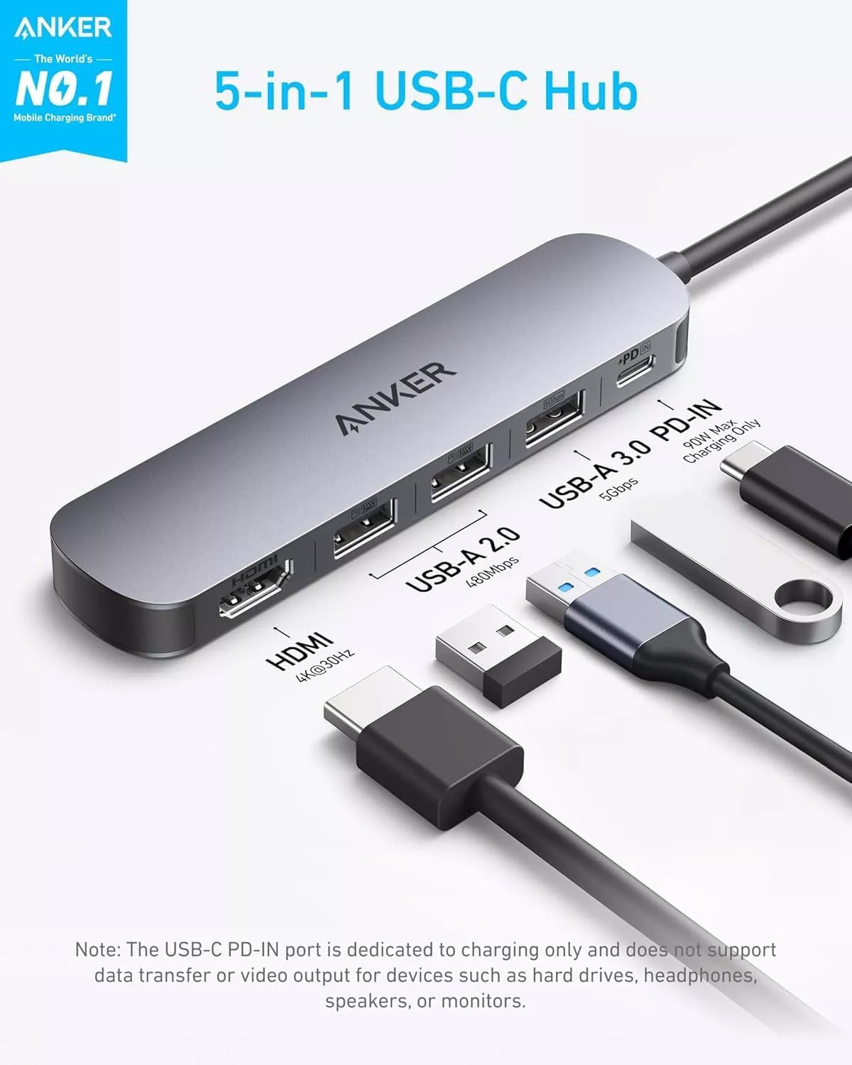 Hub USB-C Anker, 2 x USB-A - 1 x USB-A 3.0 - 1 x USB-C - 1 x HDMI, Sivý A8357HA0
