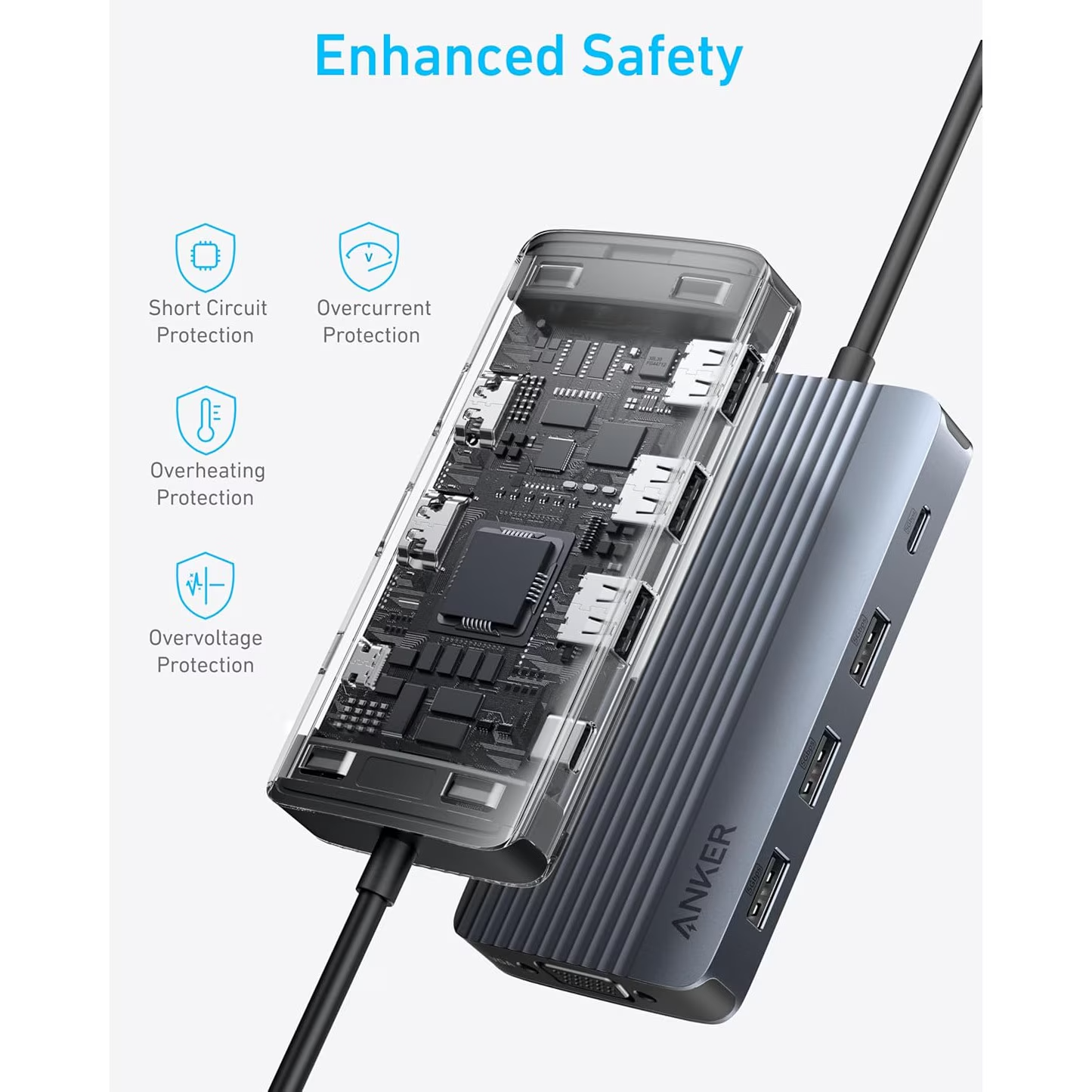 Hub USB-C Anker, 3 x USB-A 3.0 - 2 x USB-C - 2 x HDMI - 1 x VGA, Sivý A83790A2