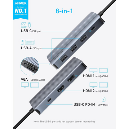 Hub USB-C Anker, 3 x USB-A 3.0 - 2 x USB-C - 2 x HDMI - 1 x VGA, Sivý A83790A2