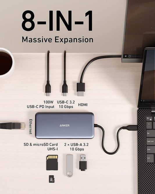 Hub USB-C Anker 555, 2 x USB-A 3.2 - 2 x USB-C - 1 x HDMI - 1 x RJ45 - 1 x SD - 1 x microSD, Sivý A83830A2