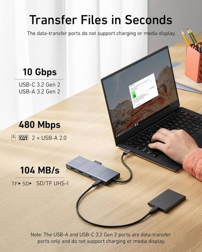 USB-C rozbočovač Anker PowerExpand, 1 x USB-A 3.2 - 2 x USB-A - 2 x USB-C - 1 x Display Port - 1 x HDMI - 1 x Jack 3,5 mm - 1 x RJ45 - 1 x SD - 1 x microSD, Sivý