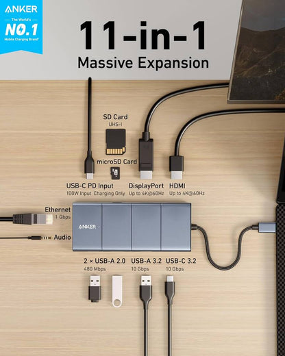 USB-C rozbočovač Anker PowerExpand, 1 x USB-A 3.2 - 2 x USB-A - 2 x USB-C - 1 x Display Port - 1 x HDMI - 1 x Jack 3,5 mm - 1 x RJ45 - 1 x SD - 1 x microSD, Sivý