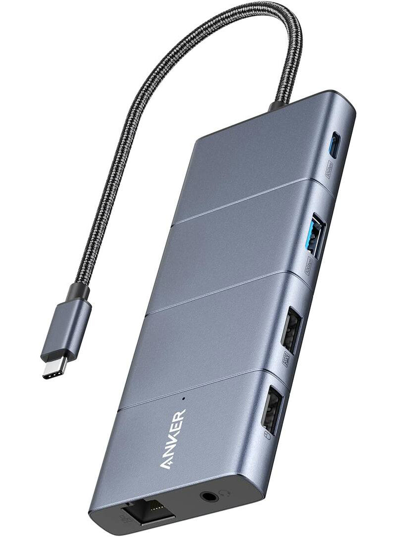 USB-C rozbočovač Anker PowerExpand, 1 x USB-A 3.2 - 2 x USB-A - 2 x USB-C - 1 x Display Port - 1 x HDMI - 1 x Jack 3,5 mm - 1 x RJ45 - 1 x SD - 1 x microSD, Sivý