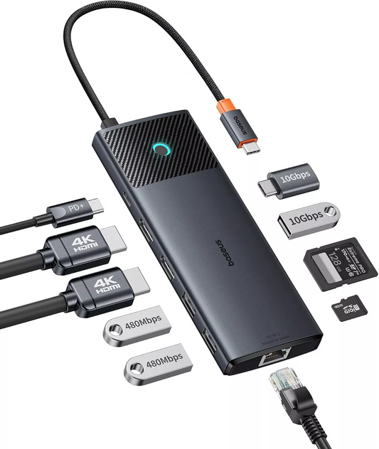 Hub USB-C Baseus Dual Display, 1 x USB-A 3.0 - 2 x USB-A - 2 x USB-C - 2 x HDMI - 1 x RJ45 - 1 x SD - 1 x microSD, Čierny B00061800123-01