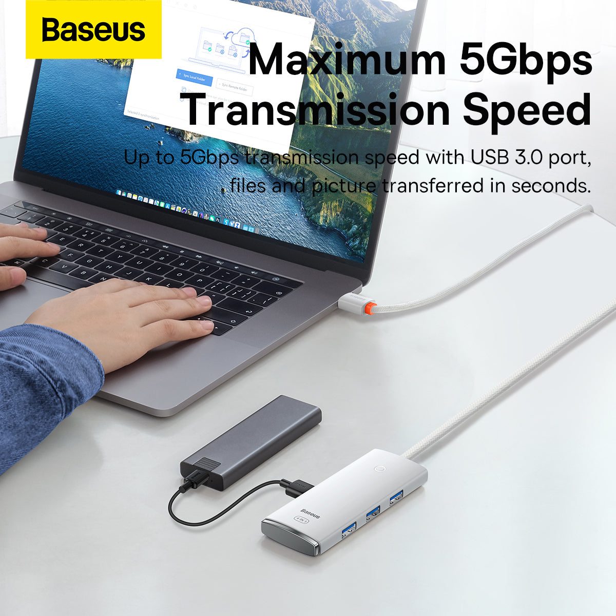 USB-C Hub Baseus Lite, 4 x USB-A 3.2, 2m, Biela