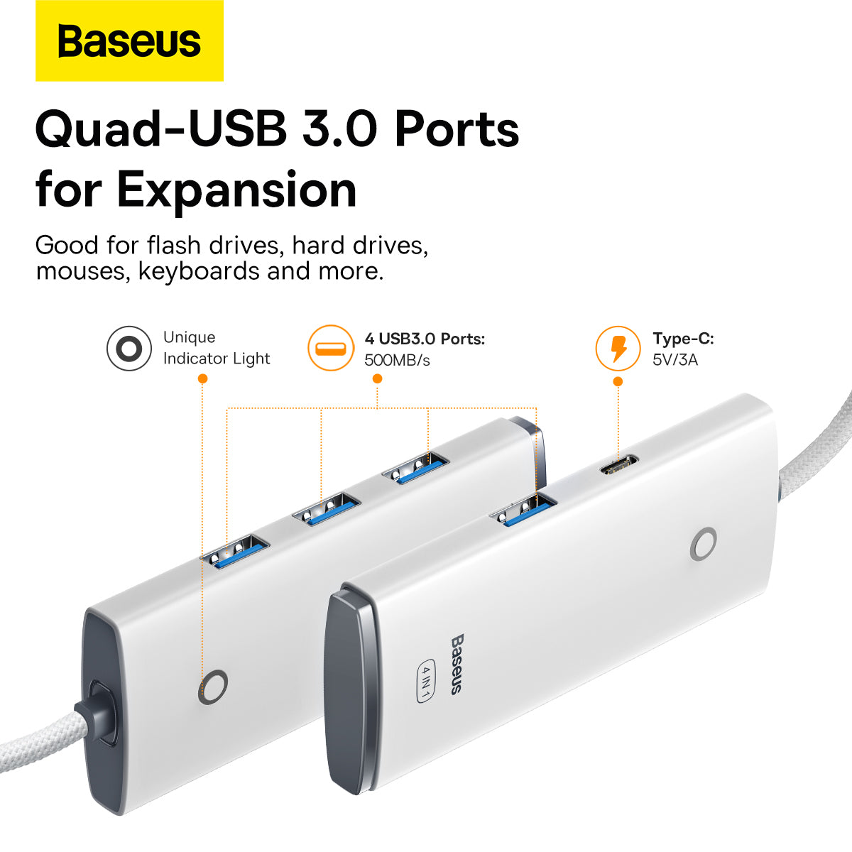USB-C Hub Baseus Lite, 4 x USB-A 3.2, 2m, Biela