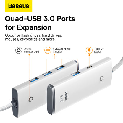 USB-C Hub Baseus Lite, 4 x USB-A 3.2, 2m, Biela