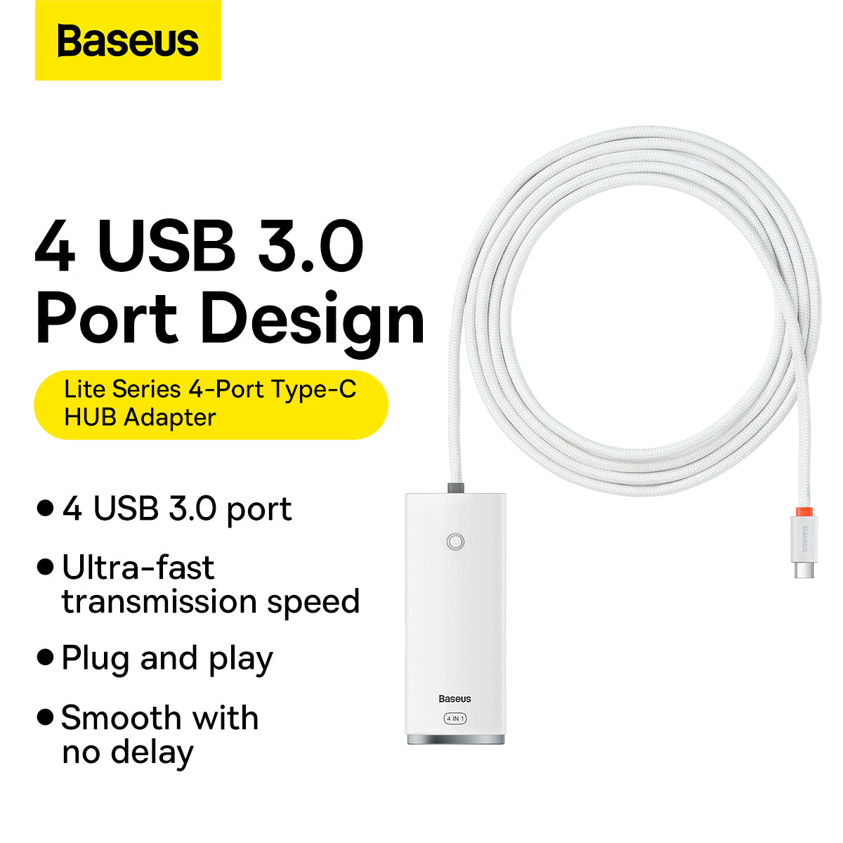 USB-C Hub Baseus Lite, 4 x USB-A 3.2, 2m, Biela