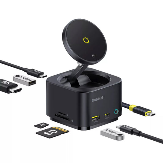 Multifunkčný Hub Baseus MagPro II 7v1, 1 x USB-A - 2 x USB-C - 1 x HDMI - 1 x QI - 1 x SD - 1 x microSD, Čierny B00072900121-00