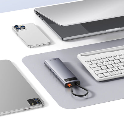 Rozbočovač USB-C Baseus Metal Gleam, 1 x USB-C - 3 x USB-A 3.0 - 1 x USB-A 3.0 - 1 x USB-A - 1 x HDMI - 1 x VGA - 1 x 3,5 mm Jack - 1 x RJ45 - 1 x SD - 1 x microSD, sivá