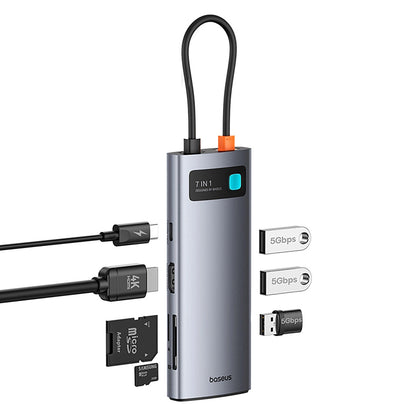 Hub USB-C Baseus Metal Gleam, 3 x USB-A 3.0 - 1 x USB-C - 1 x HDMI - 1 x SD - 1 x microSD, Sivý B00030708811-01