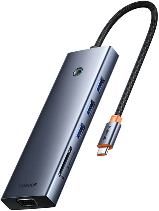 USB-C rozbočovač Baseus UltraJoy, 3 x USB-A 3.0 - 1 x USB-C - 1 x HDMI - 1 x VGA - 1 x Jack 3,5 mm - 1 x RJ45 - 1 x SD - 1 x microSD, Sivý B0005280C811-00