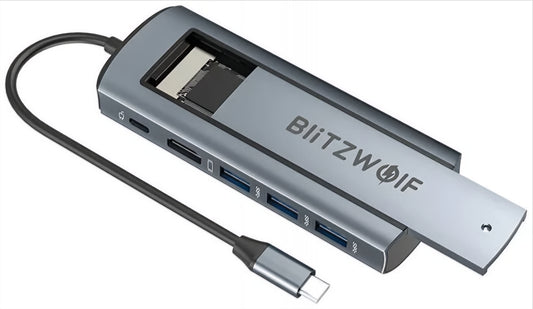 BlitzWolf BW-Neo TH13 USB-C Hub, 3 x USB-A 3.0 - 1 x USB-C - 1 x Display Port - 1 x SSD Interface, Gray