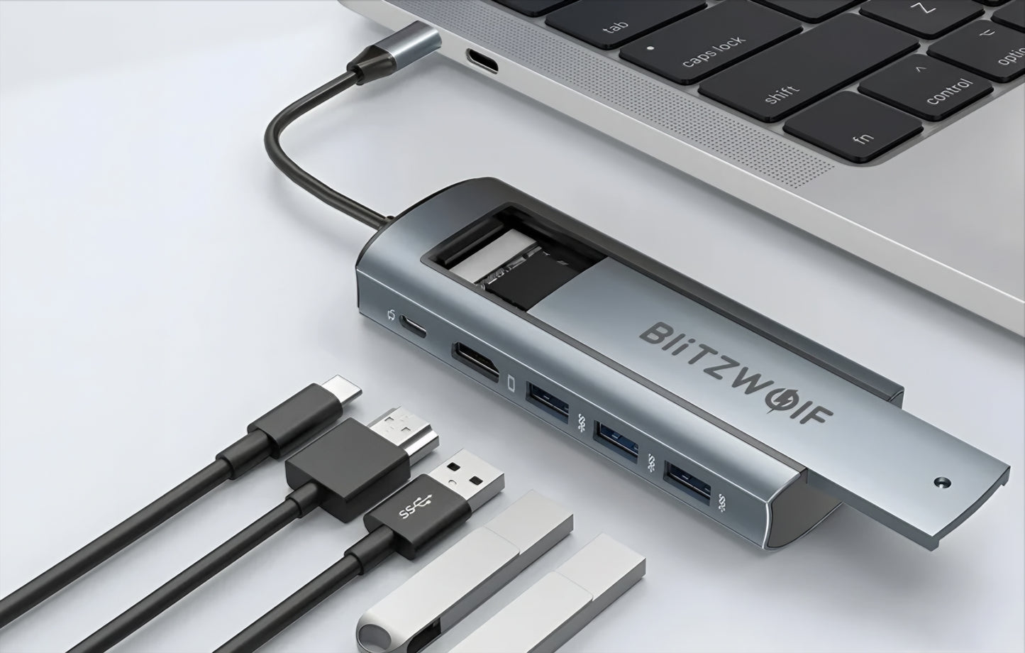 Hub USB-C BlitzWolf BW-Neo TH13, 3 x USB-A 3.0 - 1 x USB-C - 1 x Display Port - 1 x SSD rozhranie, Sivý