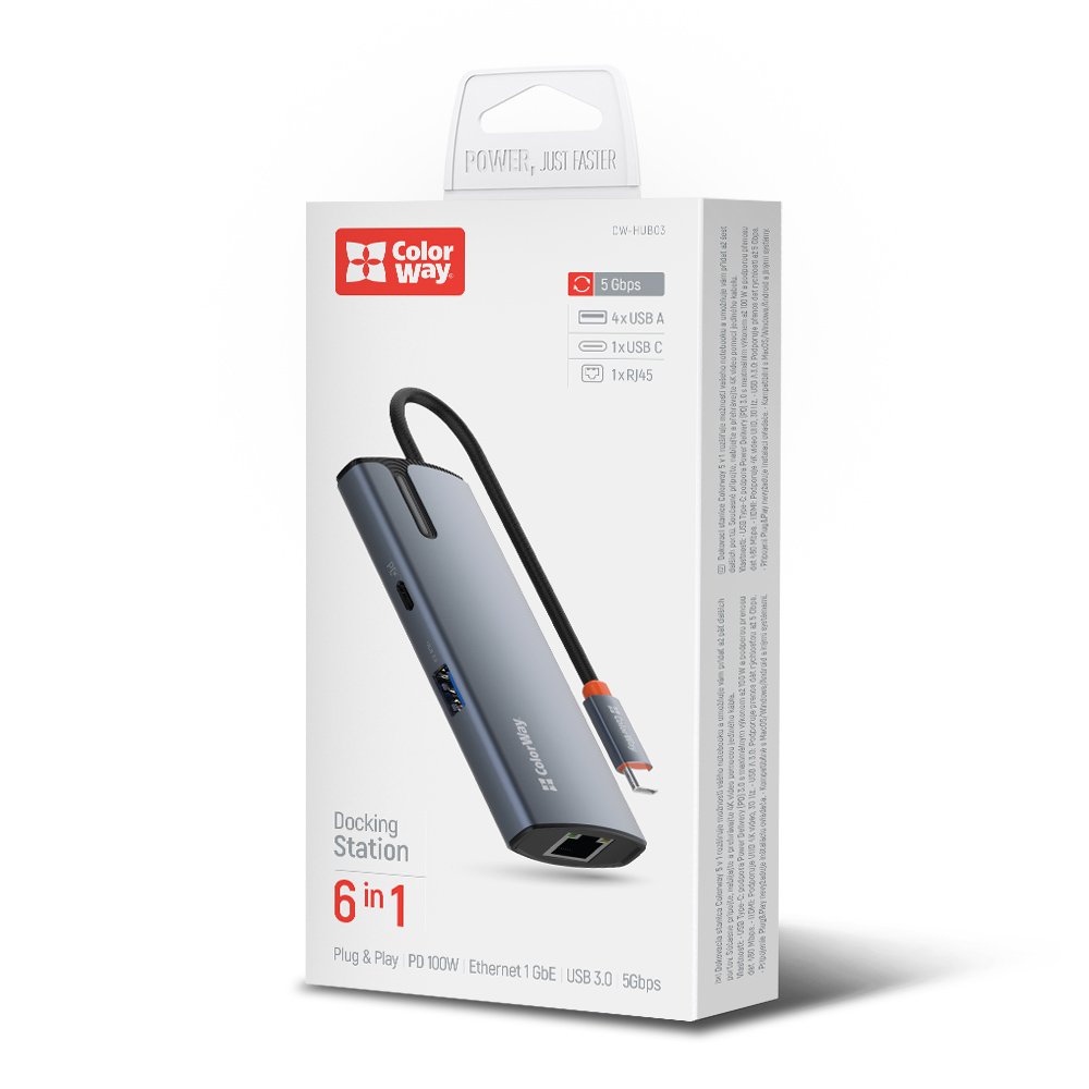 Hub USB-C ColorWay CW-HUB03, 6v1, Strieborný