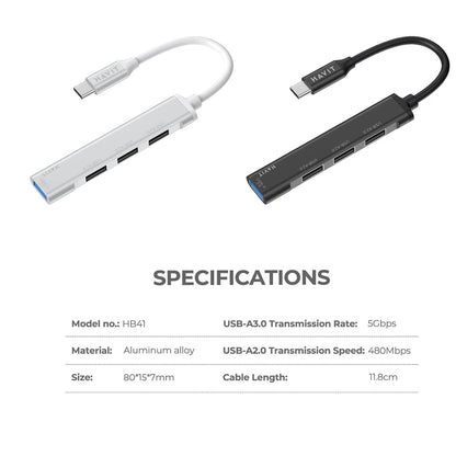 Hub USB-C HAVIT HB41, 4v1, Strieborný