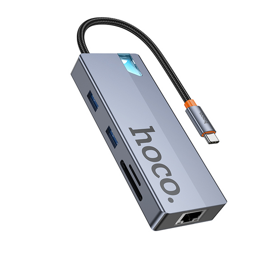 USB-C rozbočovač HOCO HB52, 2 x USB-A 3.0 - 2 x USB-C - 1 x HDMI - 1 x RJ45 - 1 x SD - 1 x microSD, Sivý