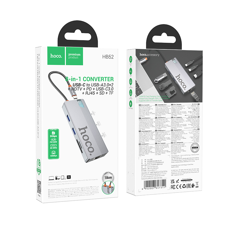 USB-C rozbočovač HOCO HB52, 2 x USB-A 3.0 - 2 x USB-C - 1 x HDMI - 1 x RJ45 - 1 x SD - 1 x microSD, Sivý