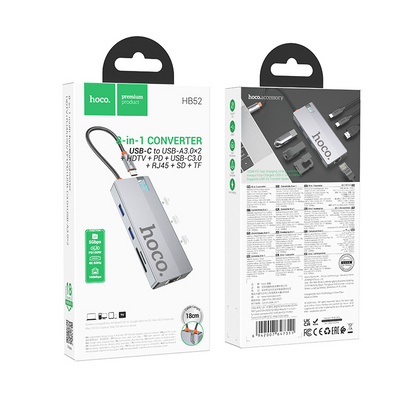 USB-C rozbočovač HOCO HB52, 2 x USB-A 3.0 - 2 x USB-C - 1 x HDMI - 1 x RJ45 - 1 x SD - 1 x microSD, Sivý