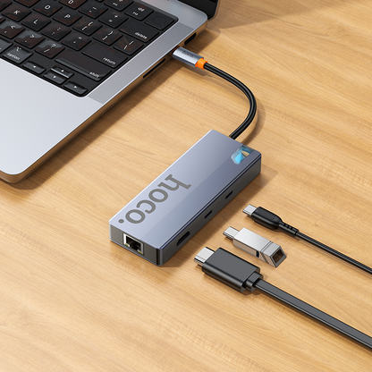USB-C rozbočovač HOCO HB52, 2 x USB-A 3.0 - 2 x USB-C - 1 x HDMI - 1 x RJ45 - 1 x SD - 1 x microSD, Sivý