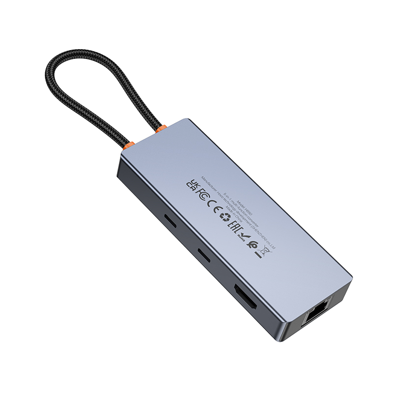 USB-C rozbočovač HOCO HB52, 2 x USB-A 3.0 - 2 x USB-C - 1 x HDMI - 1 x RJ45 - 1 x SD - 1 x microSD, Sivý